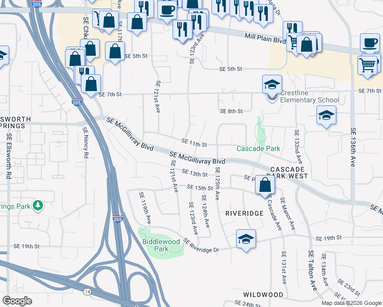 map of restaurants, bars, coffee shops, grocery stores, and more near 12311 Southeast McGillivray Boulevard in Vancouver