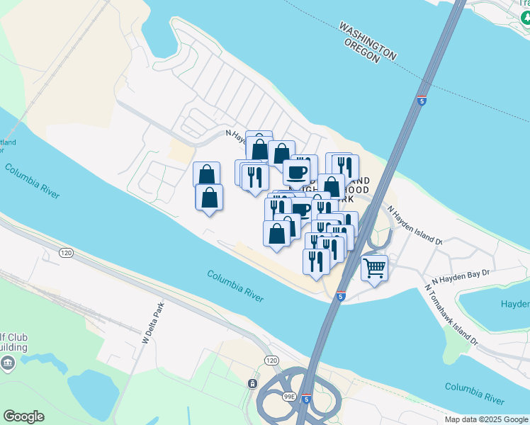 map of restaurants, bars, coffee shops, grocery stores, and more near 1800 North Tomahawk Island Drive in Portland
