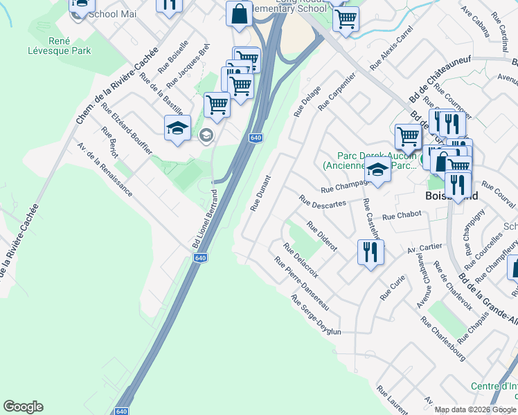 map of restaurants, bars, coffee shops, grocery stores, and more near 1712 Rue Dunant in Boisbriand