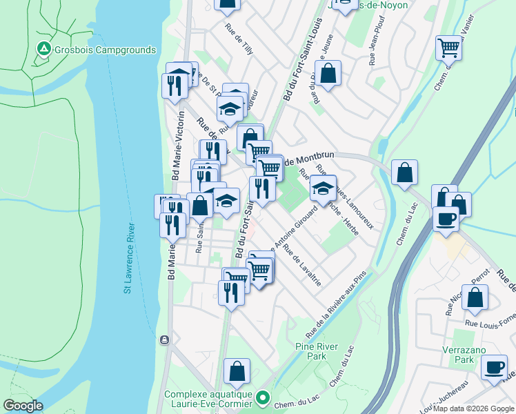 map of restaurants, bars, coffee shops, grocery stores, and more near 56 Rue de la Perrière Sud in Boucherville