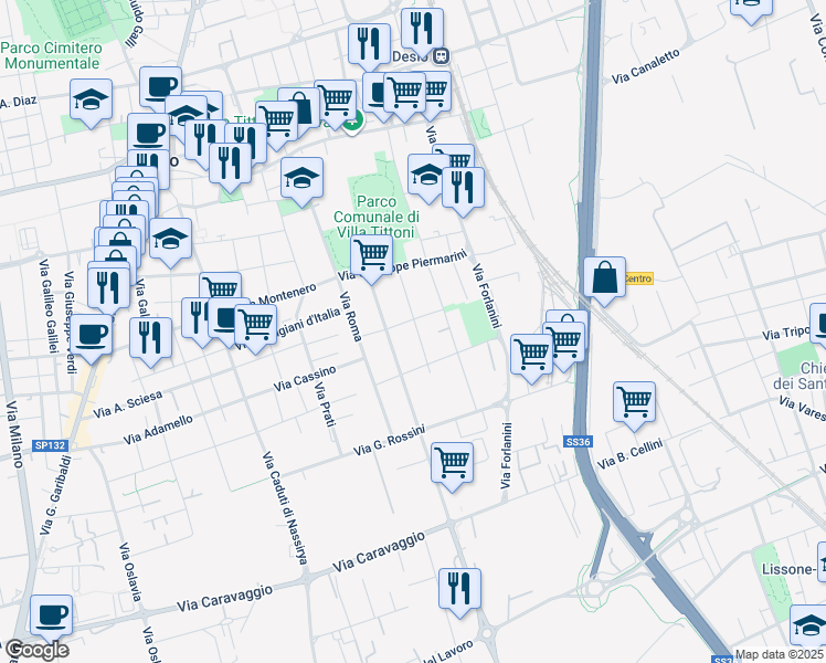 map of restaurants, bars, coffee shops, grocery stores, and more near 92 Via Luigi Pirandello in Desio