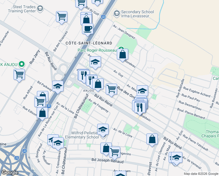 map of restaurants, bars, coffee shops, grocery stores, and more near 7381 Avenue Azilda in Montréal