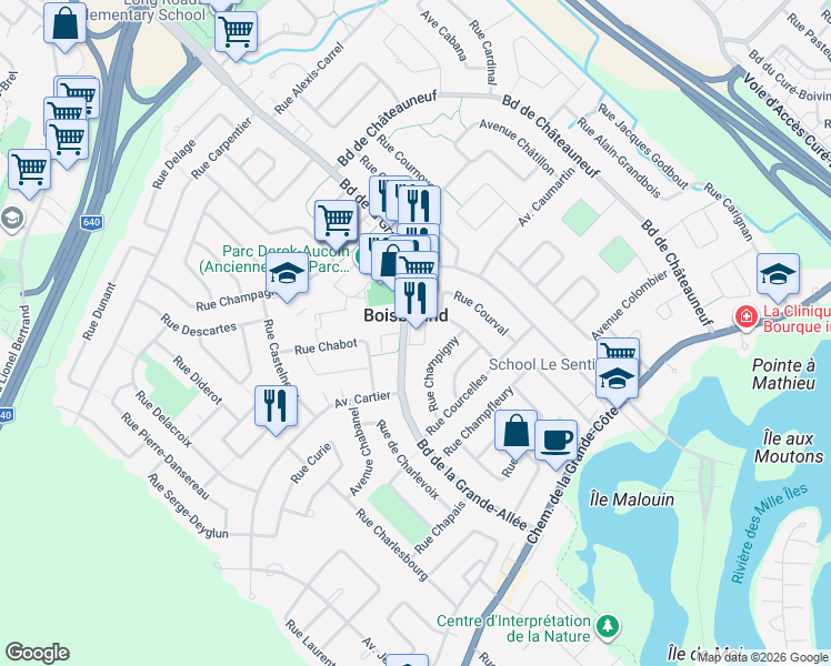 map of restaurants, bars, coffee shops, grocery stores, and more near 2810 Promenade Saint-Honoré in Boisbriand