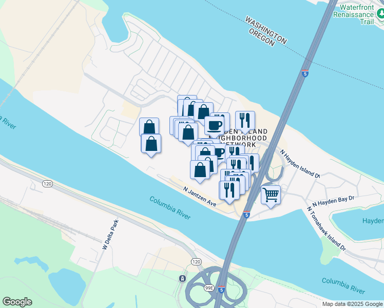 map of restaurants, bars, coffee shops, grocery stores, and more near 1760 Jantzen Beach Center in Portland
