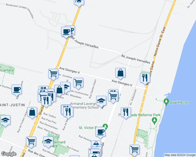 map of restaurants, bars, coffee shops, grocery stores, and more near 2730 Avenue Georges-V in Montréal-Est