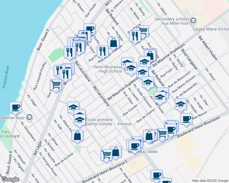 map of restaurants, bars, coffee shops, grocery stores, and more near 5827 Boulevard Maurice-Duplessis in Montréal