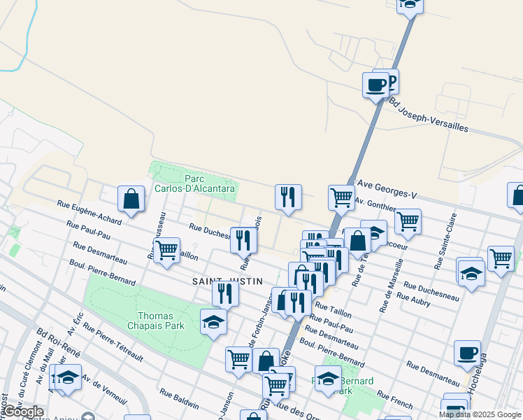map of restaurants, bars, coffee shops, grocery stores, and more near Rue de Contrecoeur in Montréal