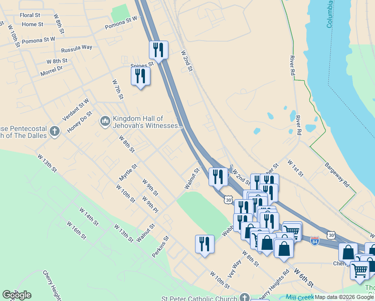 map of restaurants, bars, coffee shops, grocery stores, and more near 2114 Mosier-The Dalles Highway in The Dalles