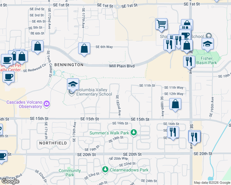 map of restaurants, bars, coffee shops, grocery stores, and more near 1126 Southeast 182nd Avenue in Vancouver