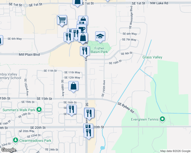 map of restaurants, bars, coffee shops, grocery stores, and more near 1207 Southeast 194th Place in Camas