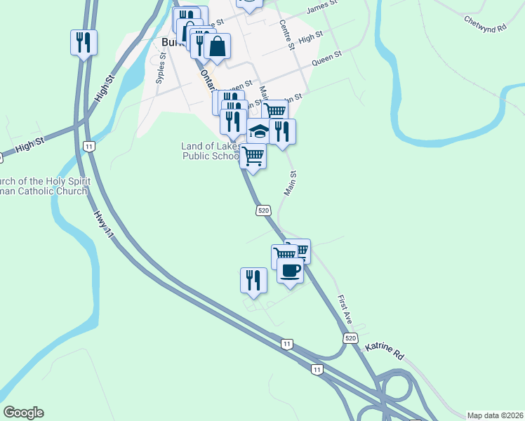 map of restaurants, bars, coffee shops, grocery stores, and more near Ontario 520 in Parry Sound District