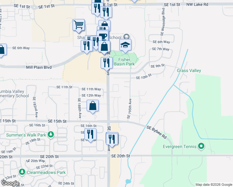 map of restaurants, bars, coffee shops, grocery stores, and more near 19309 Southeast 12th Way in Vancouver