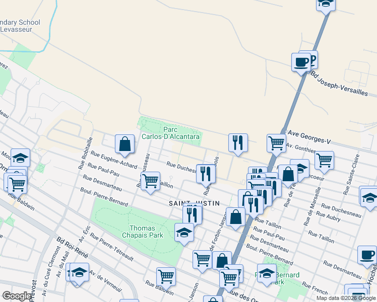 map of restaurants, bars, coffee shops, grocery stores, and more near 5301 Rue Gabrièle-Frascadore in Montréal