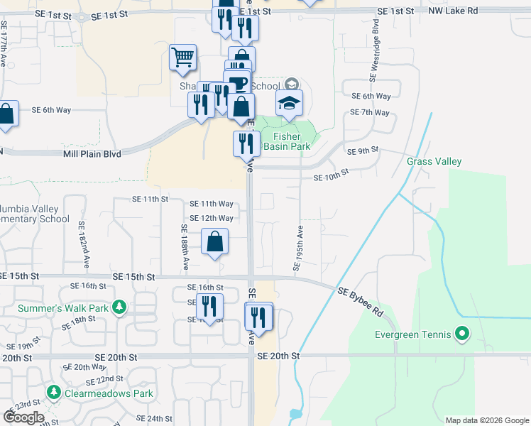 map of restaurants, bars, coffee shops, grocery stores, and more near 19305 Southeast 12th Way in Vancouver