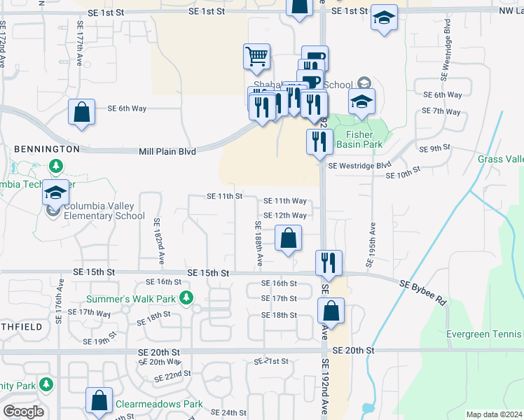 map of restaurants, bars, coffee shops, grocery stores, and more near 18802 Southeast 12th Way in Vancouver