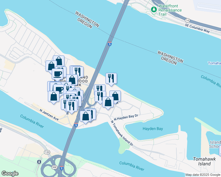 map of restaurants, bars, coffee shops, grocery stores, and more near 909 North Hayden Island Drive in Portland