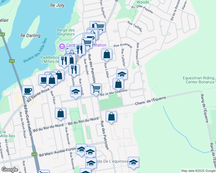 map of restaurants, bars, coffee shops, grocery stores, and more near 185 Rue L'Allier in Laval