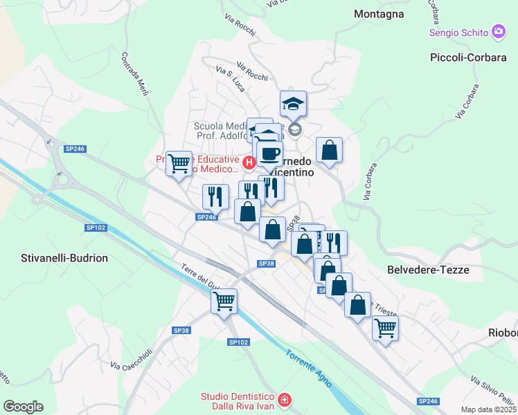 map of restaurants, bars, coffee shops, grocery stores, and more near 31 Piazza Aldo Moro in Cornedo Vicentino