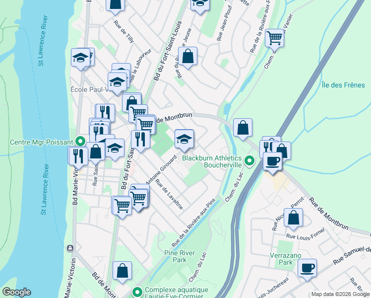 map of restaurants, bars, coffee shops, grocery stores, and more near 152 Rue de la Blanche - Herbe in Boucherville