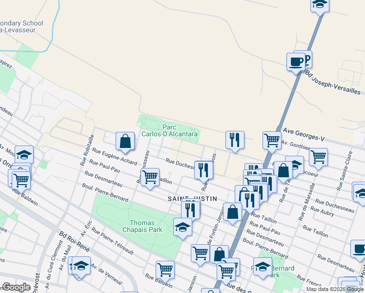map of restaurants, bars, coffee shops, grocery stores, and more near 5331 Rue Gabrièle-Frascadore in Montréal