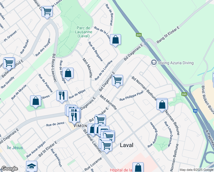 map of restaurants, bars, coffee shops, grocery stores, and more near 462 Boulevard Dagenais Est in Laval