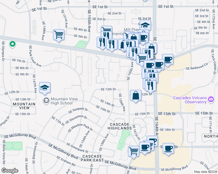 map of restaurants, bars, coffee shops, grocery stores, and more near 15710 Southeast 12th Street in Vancouver