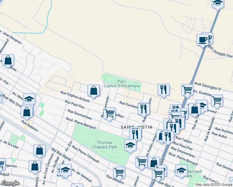 map of restaurants, bars, coffee shops, grocery stores, and more near Rue Jean Pierre Ronfard in Montréal