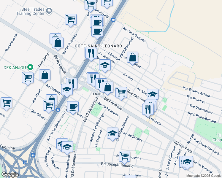 map of restaurants, bars, coffee shops, grocery stores, and more near 7440 Avenue Azilda in Montreal