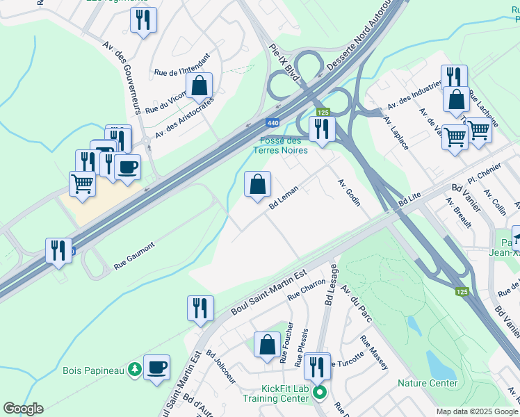 map of restaurants, bars, coffee shops, grocery stores, and more near 3931 Boulevard Leman in Laval
