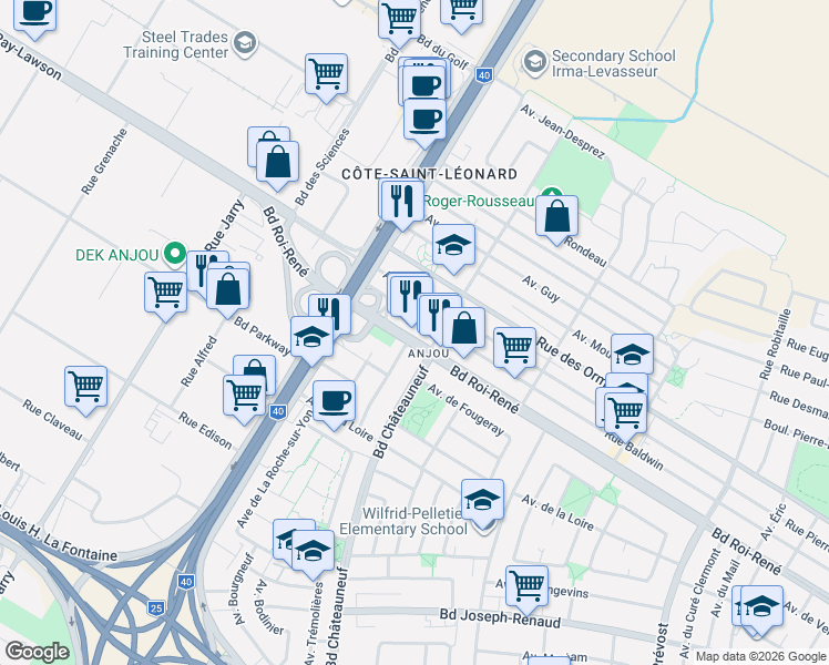 map of restaurants, bars, coffee shops, grocery stores, and more near 7751 Boulevard Roi-René in Montréal