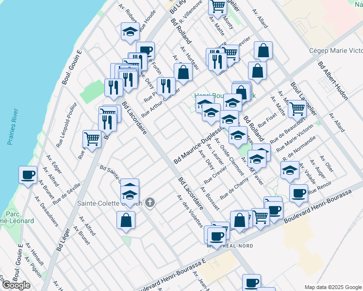 map of restaurants, bars, coffee shops, grocery stores, and more near 5830 Rue des Roses in Montréal