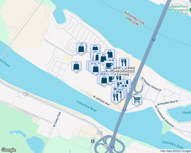 map of restaurants, bars, coffee shops, grocery stores, and more near 1800 North Tomahawk Island Drive in Portland