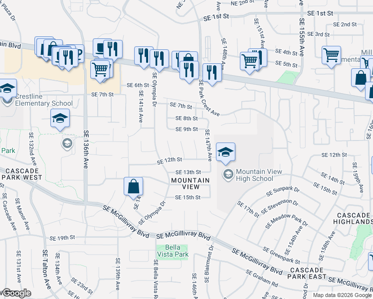 map of restaurants, bars, coffee shops, grocery stores, and more near 1016 Southeast 145th Court in Vancouver