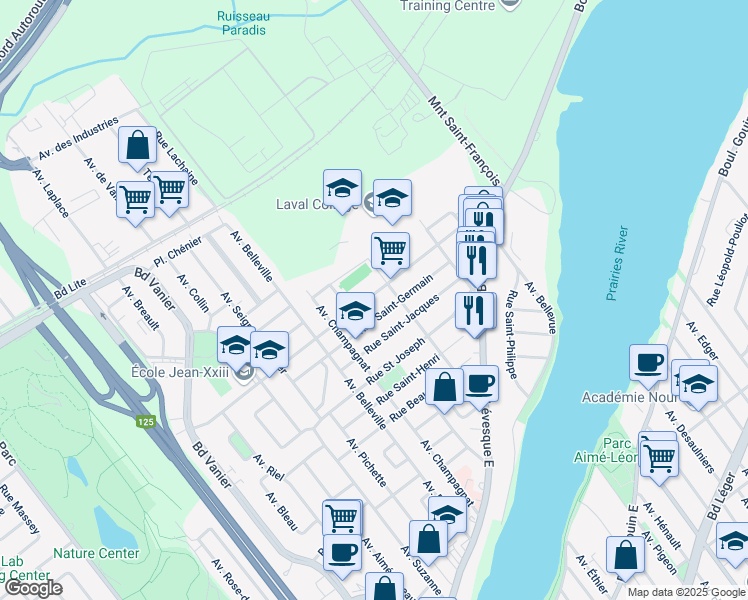 map of restaurants, bars, coffee shops, grocery stores, and more near 4928 Rue de la Fabrique in Laval
