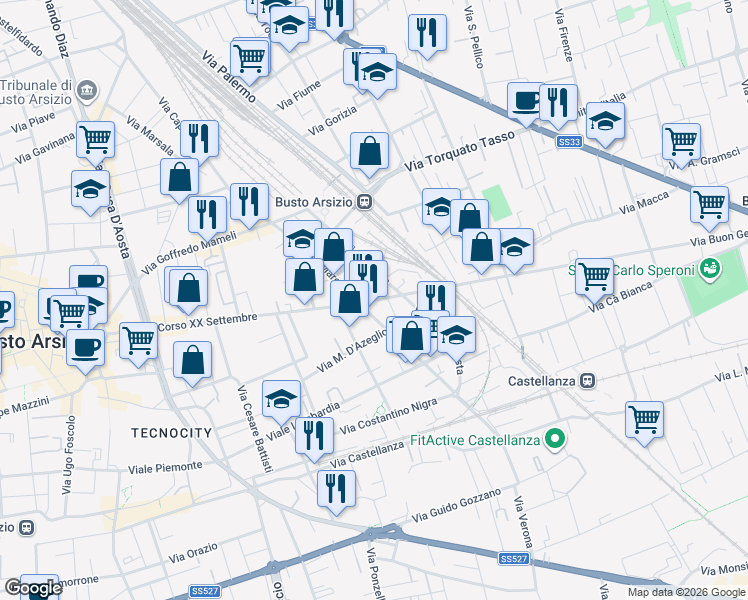 map of restaurants, bars, coffee shops, grocery stores, and more near 3BIS Via Venezia in Busto Arsizio