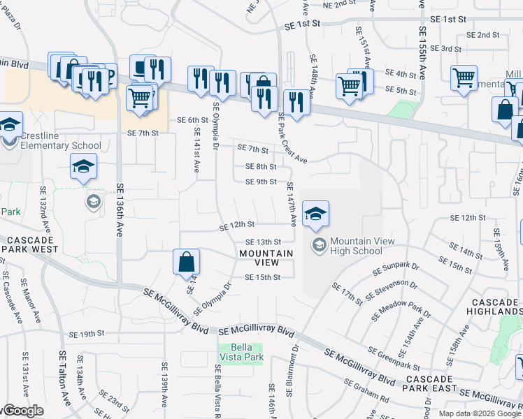 map of restaurants, bars, coffee shops, grocery stores, and more near 1016 Southeast 145th Court in Vancouver