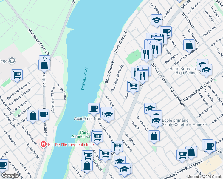 map of restaurants, bars, coffee shops, grocery stores, and more near 5350 Rue Léopold-Pouliot in Montréal