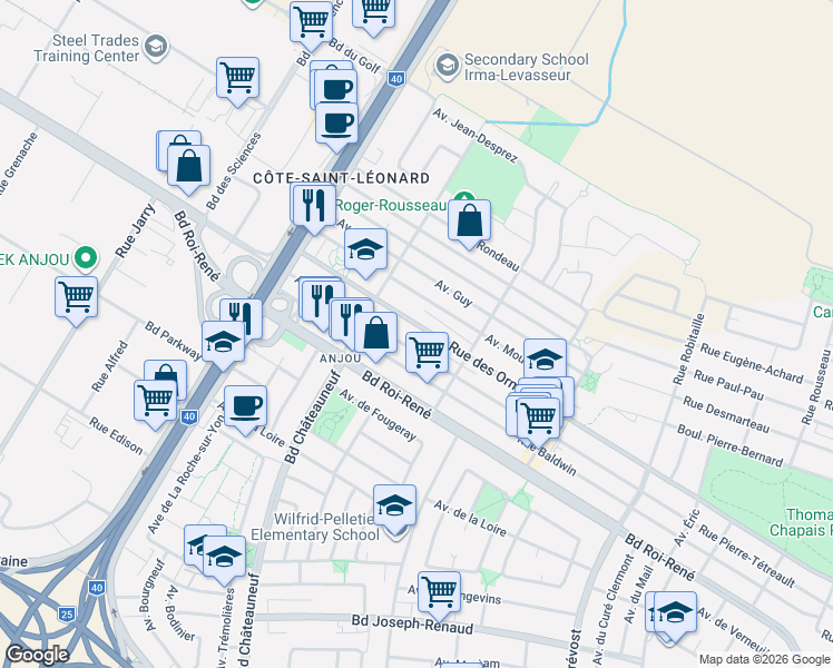 map of restaurants, bars, coffee shops, grocery stores, and more near 7400 Avenue des Ormeaux in Montréal