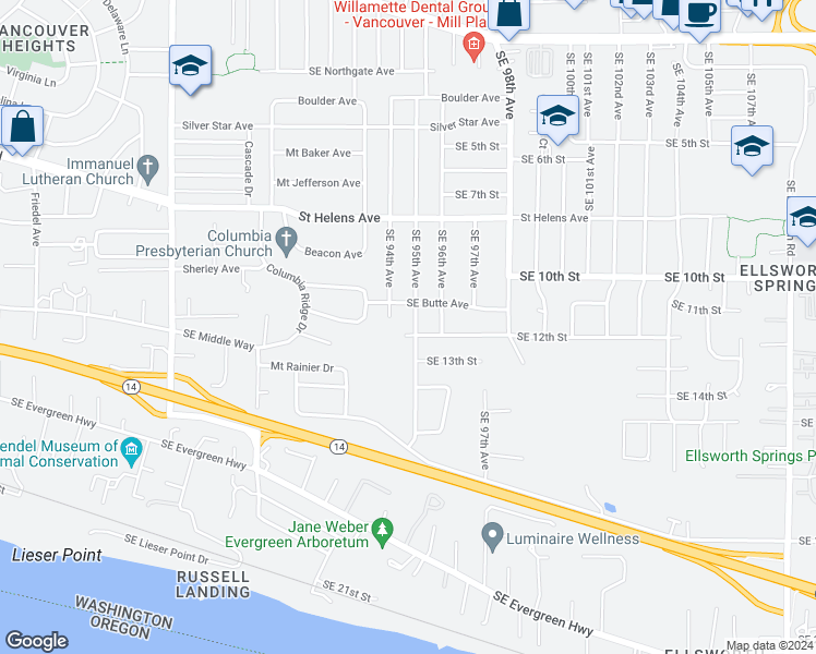map of restaurants, bars, coffee shops, grocery stores, and more near 1110 Southeast 95th Avenue in Vancouver