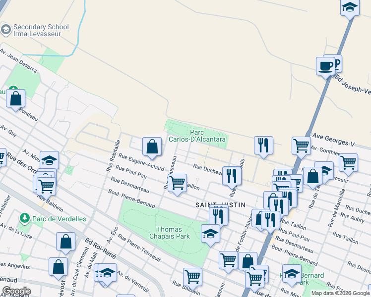 map of restaurants, bars, coffee shops, grocery stores, and more near 9489 Rue Jean Pierre Ronfard in Montréal