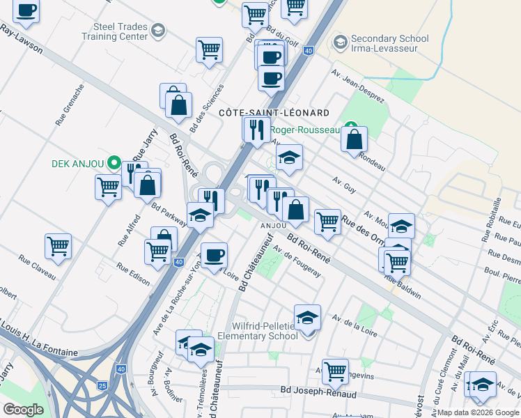 map of restaurants, bars, coffee shops, grocery stores, and more near 7751 Boulevard Roi-René in Montréal