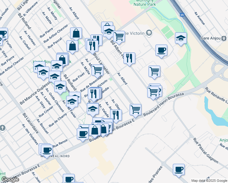 map of restaurants, bars, coffee shops, grocery stores, and more near Rue de Normandie in Montreal