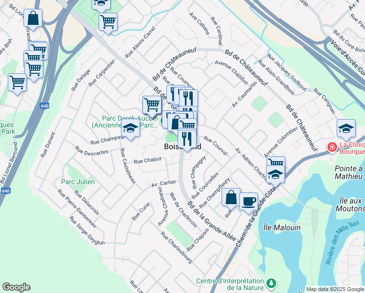 map of restaurants, bars, coffee shops, grocery stores, and more near in Boisbriand