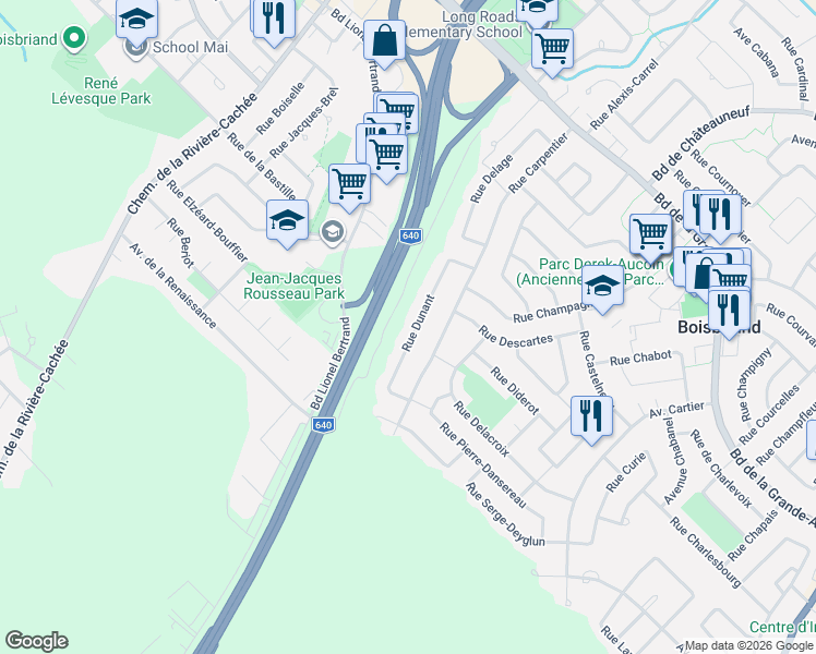 map of restaurants, bars, coffee shops, grocery stores, and more near 1707 Rue Dunant in Boisbriand
