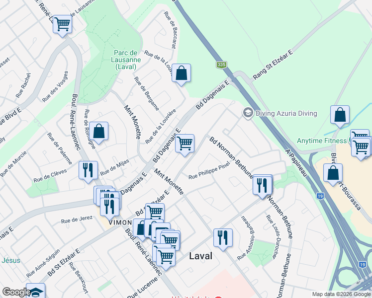 map of restaurants, bars, coffee shops, grocery stores, and more near 472 Rue de Francfort in Laval
