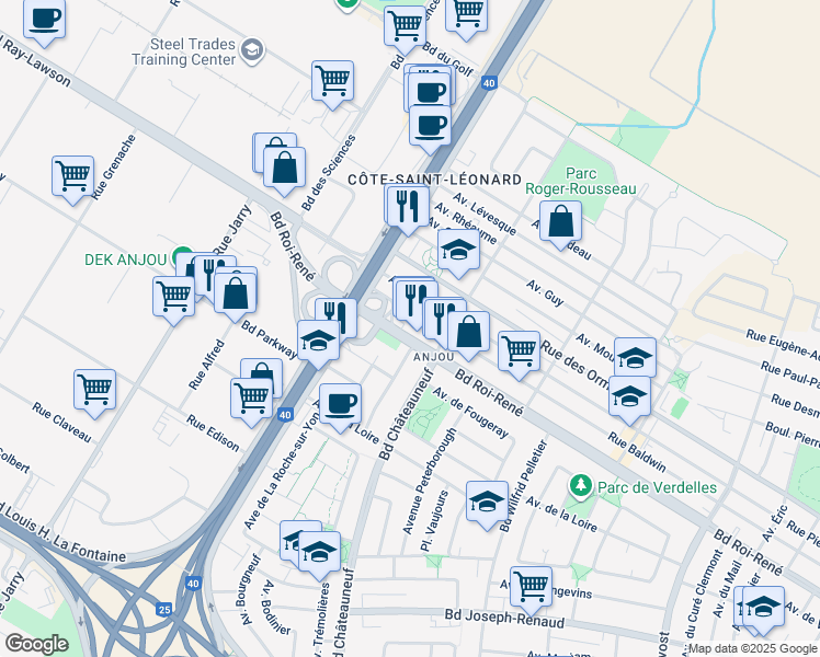 map of restaurants, bars, coffee shops, grocery stores, and more near in Montreal