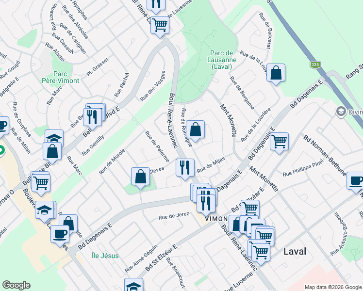 map of restaurants, bars, coffee shops, grocery stores, and more near 2269 Boulevard René-Laennec in Laval
