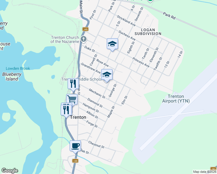 map of restaurants, bars, coffee shops, grocery stores, and more near 46 Dickie Street in Trenton