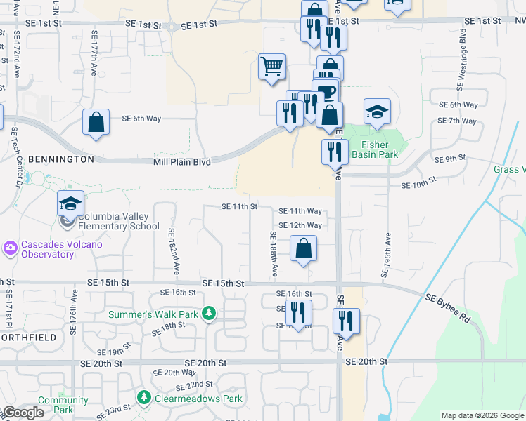 map of restaurants, bars, coffee shops, grocery stores, and more near 18715 Southeast 11th Street in Vancouver