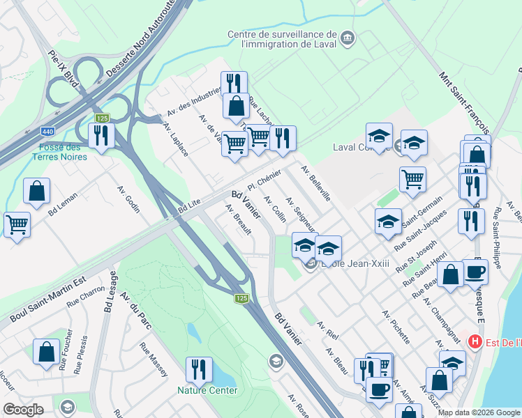 map of restaurants, bars, coffee shops, grocery stores, and more near 1161 Boulevard Vanier in Laval